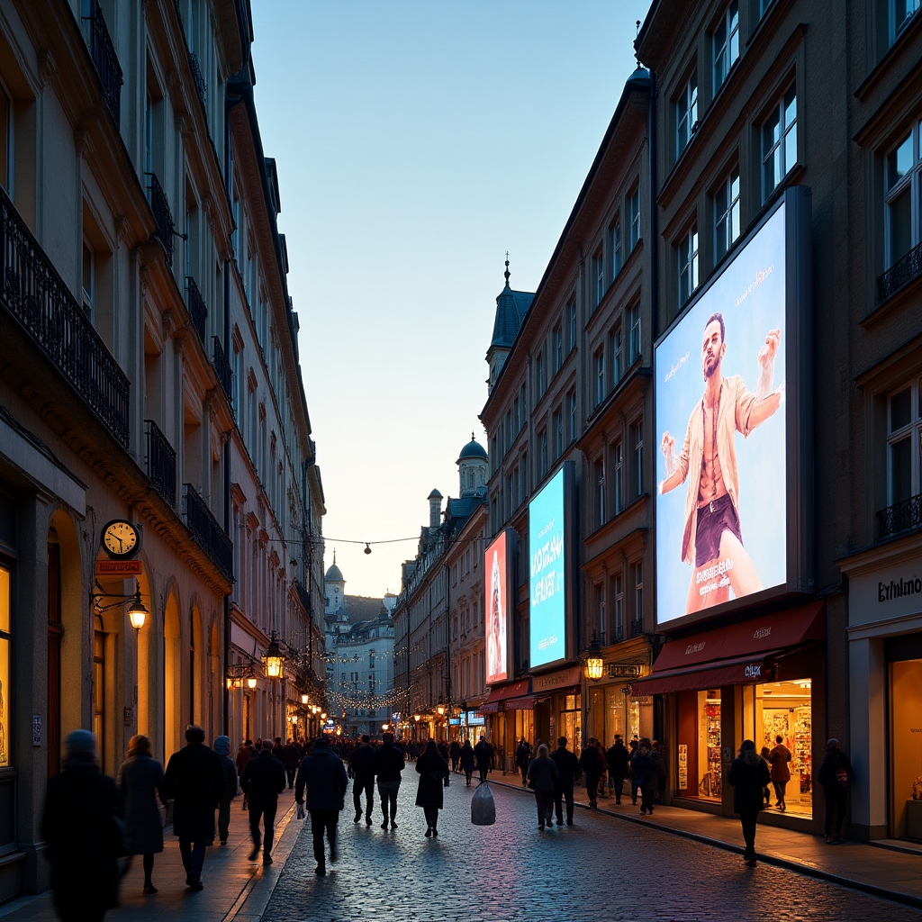 Ulice s několika reklamními billboardy nad obchody v centru města